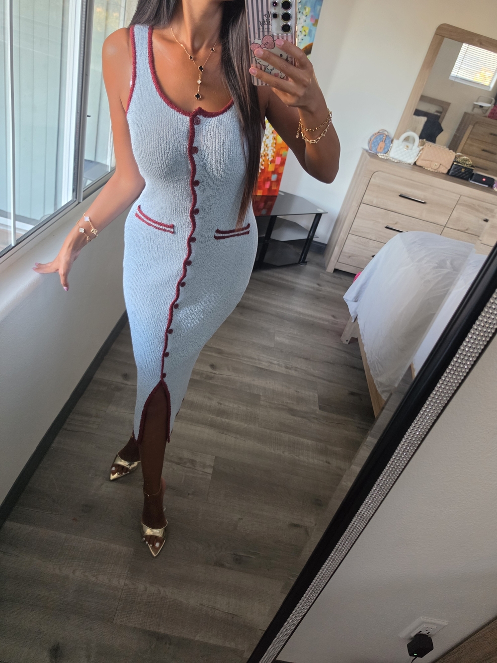 Sleeveless Light Blue Knit Midi Dress with Burgundy Trim Stretchy - Picture 9 of 17